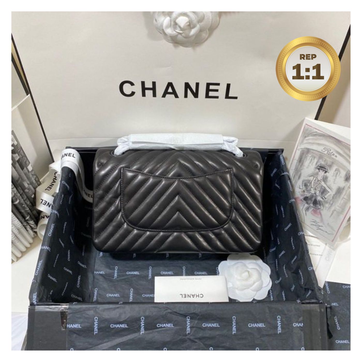 [REP 1:1] Chanel Chevron Classic Handbag Black For Women 10.2in/26cm
